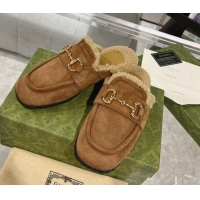 Best Grade Gucci Flat Mules with Horsebit in Suede and Shearling Dark Brown 205031