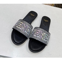 Pretty Style Fendi Signature Flat Slide Sandals with Crystals Black 215071