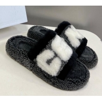 Top Grade Celine Wool Platform Slide Sandals Black 104034