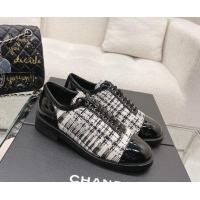 Classic Hot Chanel Tweed & Patent Leather Lace-ups Shoes Black/White 120029