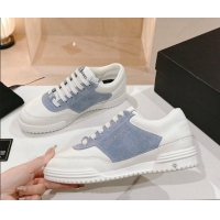 Shop Duplicate Chanel White Leather and Suede Sneakers White/Blue 120045