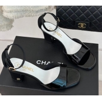 Shop Duplicate Chanel Patent Calfskin Heel Sandals 6cm Black 201026