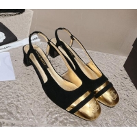 Perfect Chanel Suede & Metallic Calfskin Slingback Pumps 5cm Black 1213014