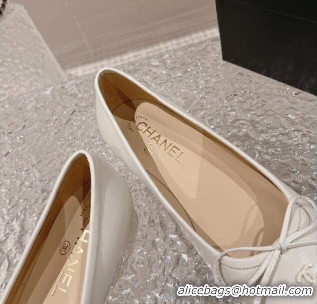 Good Quality Chanel Lambskin Square Pumps 3.5cm with Bow CH121307 White