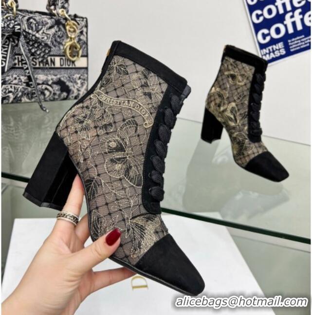 Dior Naughtily-D Ankle Boots 8cm in Transparent Mesh Embroidered with Black and Gold-Tone Butterfly Motif, Metallic Thre