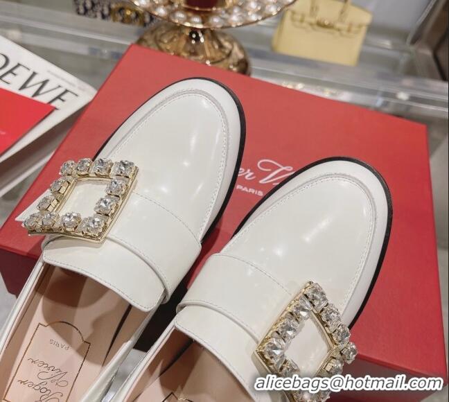 Good Quality Roger Vivier Viv' Rangers Strass Buckle Loafers 4.5cm in Shiny Leather White 218120
