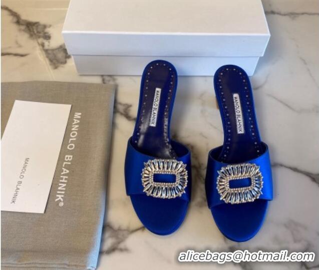 Grade Quality Manolo Blahnik Classic Silk Heel Slide Sandals 5.5cm with Crystals Blue 215104