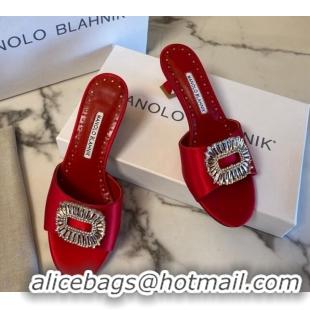 Low Price Manolo Blahnik Classic Silk Heel Slide Sandals 5.5cm with Crystals Red 1215106