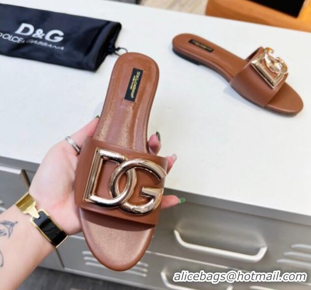 Best Quality Dolce & Gabbana Leather Flat Slide Sandals with DG Logo Brown 215095