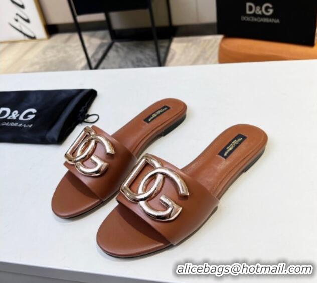 Best Quality Dolce & Gabbana Leather Flat Slide Sandals with DG Logo Brown 215095