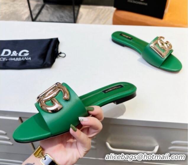 Best Product Dolce & Gabbana Leather Flat Slide Sandals with DG Logo Green 1215097