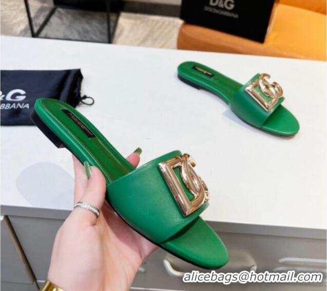Best Product Dolce & Gabbana Leather Flat Slide Sandals with DG Logo Green 1215097