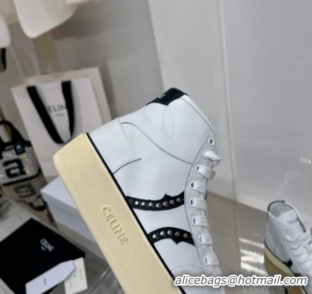 Good Quality Celine AS-02 Mid Lace-up Alan Platform Sneakers 4cm with Studs in Calfskin White/Black 0103129