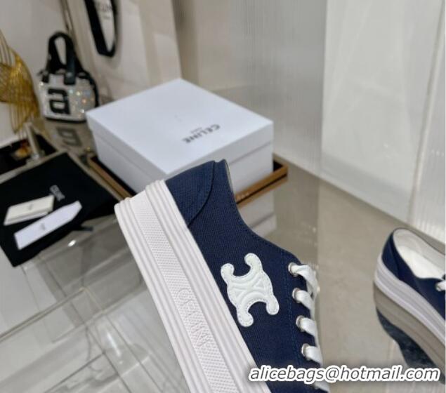 Good Quality Celine Jane Low Platform Sneakers 5cm in Canvas with Triomphe Patch Blue 0103138