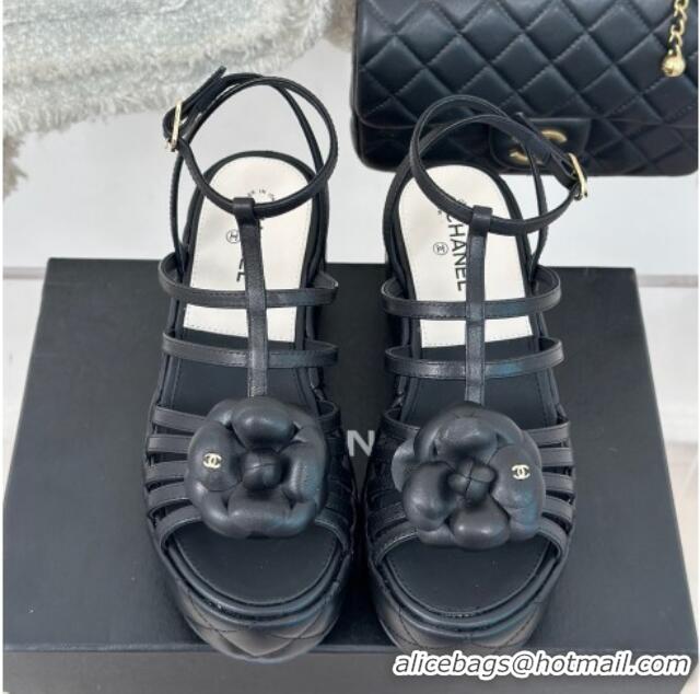 Top Design Chanel Lambskin Leather Camellia Bloom Platform Sandals Black 108027