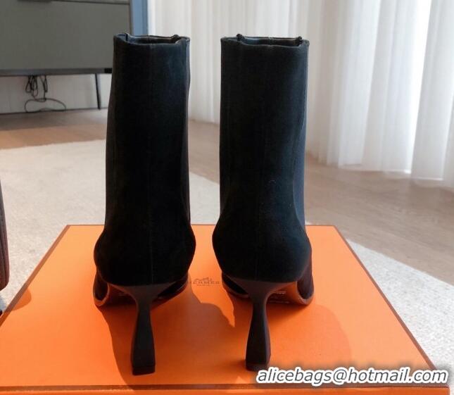 Luxury Hermes Gill Heel Ankle Boots 7cm in Suede Black 103145