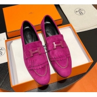 Low Cost Hermes Royal Loafers in Suede with Fringe Purple 215032 
