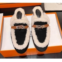 Good Product Hermes Oz Flat Mules in Suede and Shearling with Kelly Buckle Black 1215047