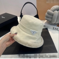 Cheapest Prada Canvas and Fur Bucket Hat 1018 White 2023
