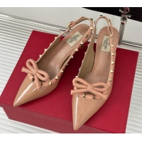 Good Quality Valentino Rockstud Bow Slingback Pumps in Patent Calf Leather 6cm Dark Nude 1214113