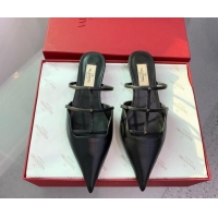 Grade Quality Valentino Rockstud Leather Pointed Flat Mules Black 214115