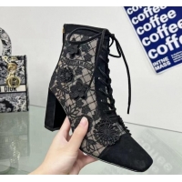 Dior Naughtily-D Ankle Boots 8cm in Transparent Mesh Embroidered with Black 3D Macramé-Effect D-Lace Motif 06071