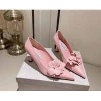 Perfect Jimmy Choo Amita Flowers Mid Heel Pumps 6.5cm in Nappa Leather Light Pink 109014