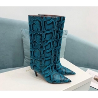 Top Grade Amina Muaddi Fiona Medium Boots 6.5cm in Snakeskin Print Leather Blue 214077