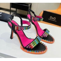 Charming Dolce & Gabbana Multicolor Crystals Sandals in Fabric and Leather Black 215089