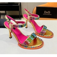 Super Quality Dolce & Gabbana Multicolor Crystals Sandals in Fabric and Leather Gold 215090