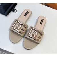 Best Grade Dolce & Gabbana Leather Flat Slide Sandals with DG Logo Beige 215094