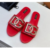 New Design Dolce & Gabbana Leather Flat Slide Sandals with DG Logo Red 215099