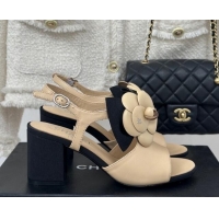Luxury Cheap Chanel Lambskin Camellia Bloom Heel Sandals Beige 108038