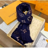 Luxurious Louis Vuitton Logomania Wool Long Scarf with Fringe 30x175cm LV011003 Navy Blue/Gold 2024