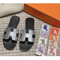 Popular Style Hermes Classic Oran Flat Slide Sandals in Palm Grained Leather Silver/Black 123054