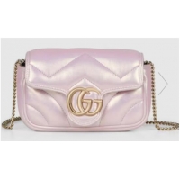 Good Quality Gucci GG MARMONT SUPER MINI BAG 476433 Pink iridescent quilted chevron leather