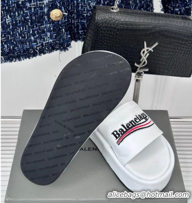 Top Design Balenciaga Logo Stripes Calfskin Platform Slide Sandals White 0129026