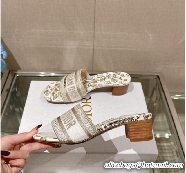 Purchase Dior Dway Heel Slide Sandals 3.5cm White and Gold-Tone Butterfly Zodiac Embroidery 126002