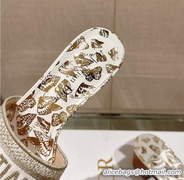 Purchase Dior Dway Heel Slide Sandals 3.5cm White and Gold-Tone Butterfly Zodiac Embroidery 126002