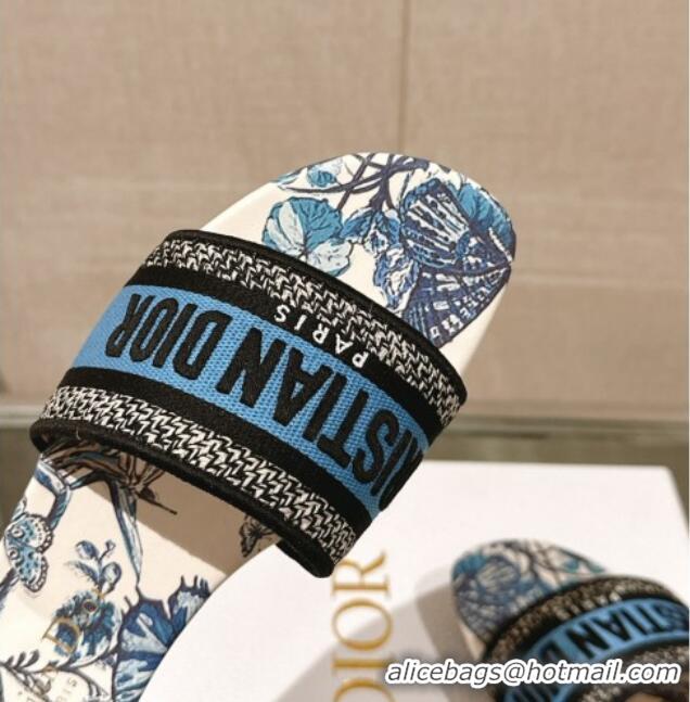 Good Quality Dior Dway Flat Slide Sandals in Pastel Midnight Blue Multicolor Embroidered Cotton with Toile de Jouy Mexic