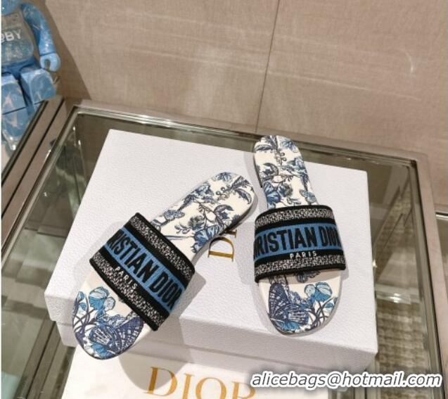 Good Quality Dior Dway Flat Slide Sandals in Pastel Midnight Blue Multicolor Embroidered Cotton with Toile de Jouy Mexic