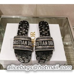 Perfect Dior Dway Flat Slide Sandals in Black and Gold-Tone Butterfly Zodiac Embroidery 126013
