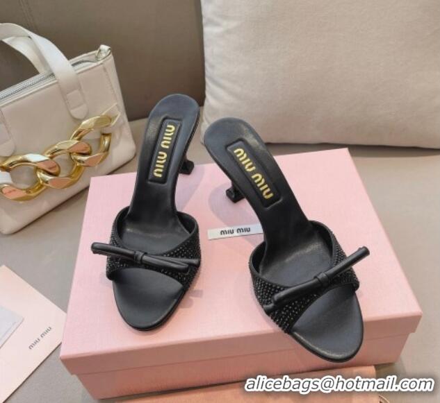 Best Grade Miu Miu Satin Heel Slide Sandals 10.5cm with Crystals with Bow Black 129050