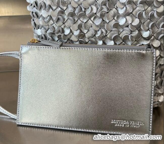 Unique Grade Bottega Veneta Small Cabat Bucket Bag in Laminated Intreccio with Leather 762587 Sequins Silver 2024