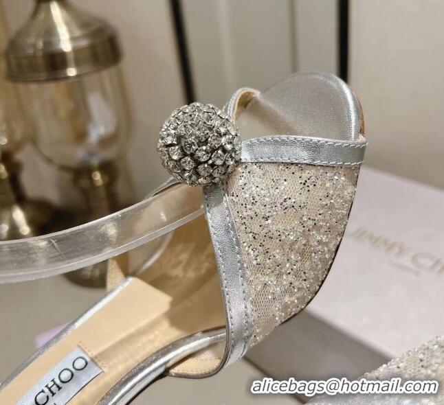 Best Grade Jimmy Choo Sacora Sandal 100 in Lace with Crystal Embellishment Silver 011803