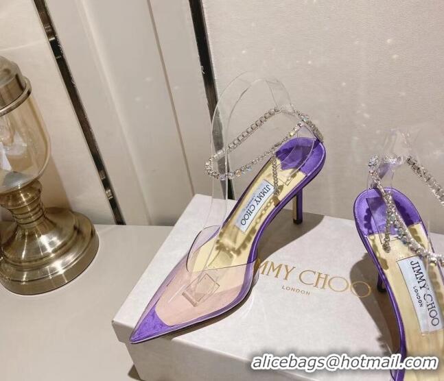 Good Quality Jimmy Choo Saeda 85 Pumps in Satin and PVC with Crystal Embellishment Purple 2411908