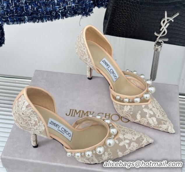 Shop Duplicate Jimmy Choo Aurelie Lace Pumps 8.5cm with Pearls Strap Beige 227107