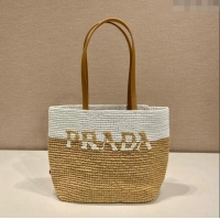 Buy Fashionable Prada Raffia Straw and Leather Tote Bag 1BG454 Tan Brown/White 2023