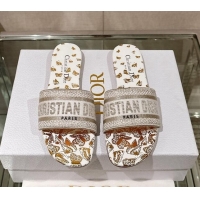 Stylish Dior Dway Flat Slide Sandals in White and Gold-Tone Butterfly Zodiac Embroidery 126009