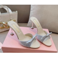 Pretty Style Miu Miu Satin Heel Slide Sandals 10.5cm with Crystals and Bow Silver 129048